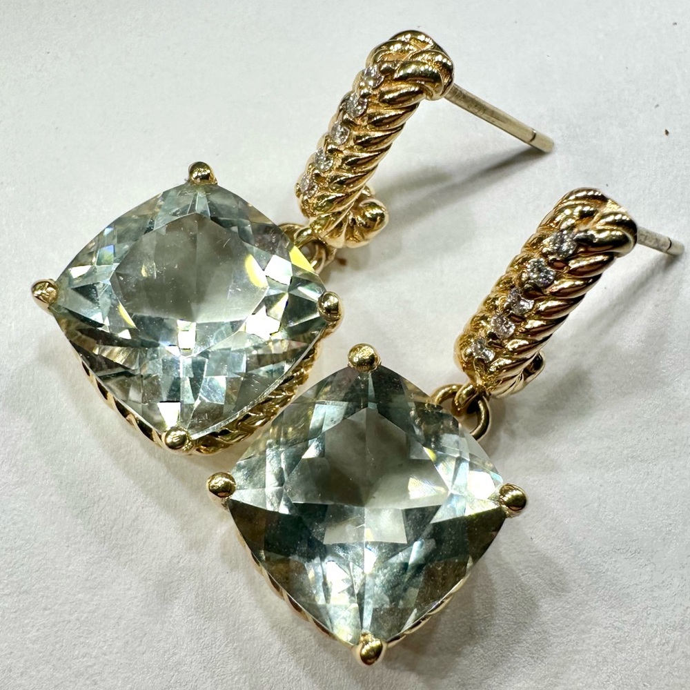 Custom Pomellato Nudo Diamond Prasiolite Earrings Faceted 14k Yellow Gold Pair